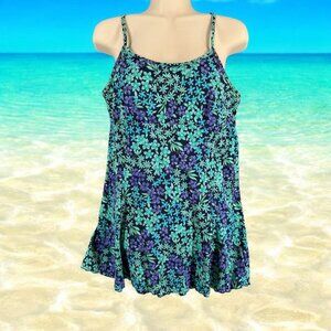 Kathy Ireland Medium One Piece Swim Dress Floral Soft Bra Tummy Control Blue Tea